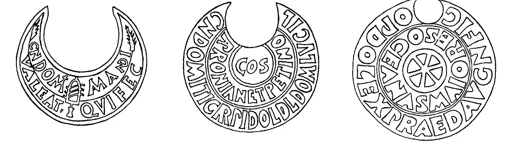 Figure 4.9  Roman brick-stamps. From left to right: time of Vespasian (ad 69–79); Hadrian (ad 123); Severan (ad 193–211).