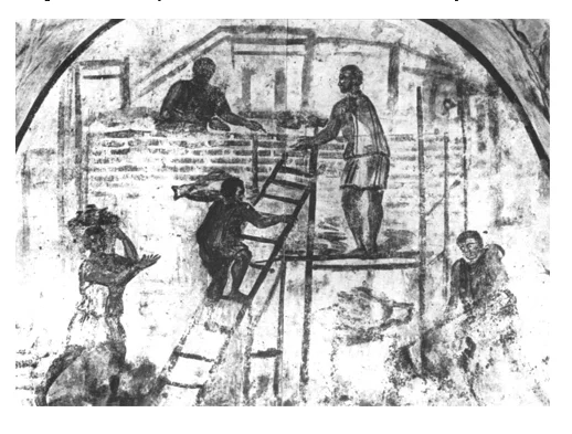 Figure 4.10  Rome, painting from the tomb of Trebius Justus showing Roman builders at work. (By courtesy of the German Archaeological Institute, Rome).