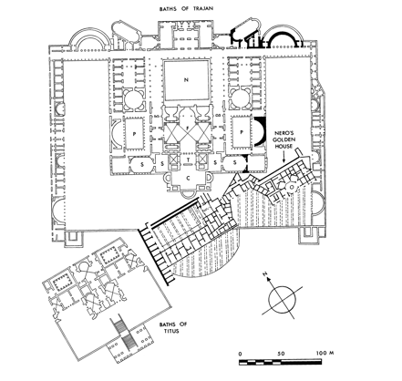 Figure 8.1  Rome: plan of the Baths of Titus, and the Esquiline wing of the Domus Aurea of Nero incorporated into the platform of Trajan’s Baths, dedicated in ad 109. The walls shown solid are still visible, and the dotted lines represent the Trajanic cross-walls built to consolidate the shell of the Domus Aurea.