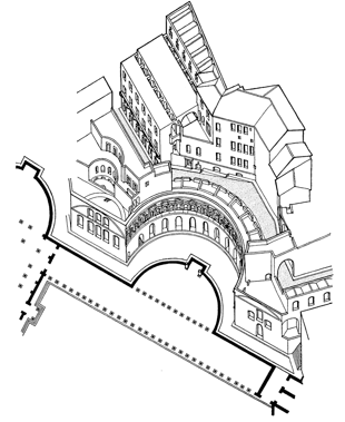 Figure 8.4  Rome, Markets of Trajan, c. ad 100–112: axonometric view. Centre foreground hemicycle of Trajan’s Forum; left foreground, one end of the Basilica Ulpia. (After A. Boethius and J. B. Ward Perkins, Etruscan and Roman Architecture [Harmondsworth: Penguin, 1970], figure 96.)