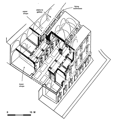 Figure 8.6  Rome, Markets of Trajan, market hall: axonometric view. In the foreground is the street which later became the Via Biberatica.