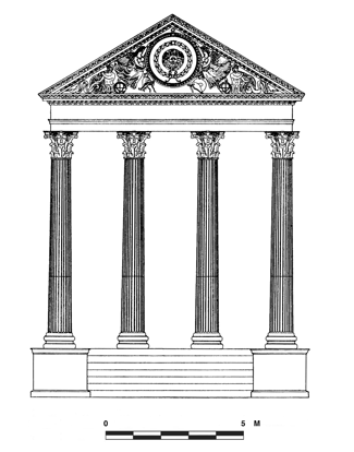 Figure 10.13  Aquae Sulis (Bath, England), Temple of Minerva: reconstructed façade. (After B. Cunliffe, Roman Bath Discovered [London: Tempus, 1971], figure 4.)