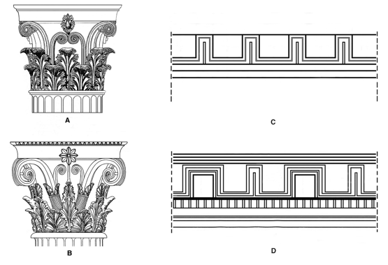 Figure 9.21 (a) Corinthian capital from tholos at Epidaurus (Greece), between 360 and 330 bc; (b) Capital from Propylon of Ptolemy II at Samothrace (Greece), between 285 and 240 bc; (c) flat, grooved modillion; (d) hollow modillion: drawings.